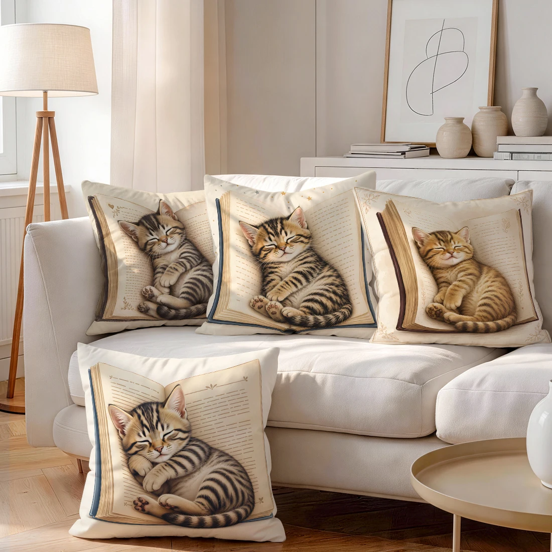 Kitten Sleeping With Books Cushions Pillowcase Polyester Cushion Cover Throw Pillow Pillowcover Home Car Sofa Decor