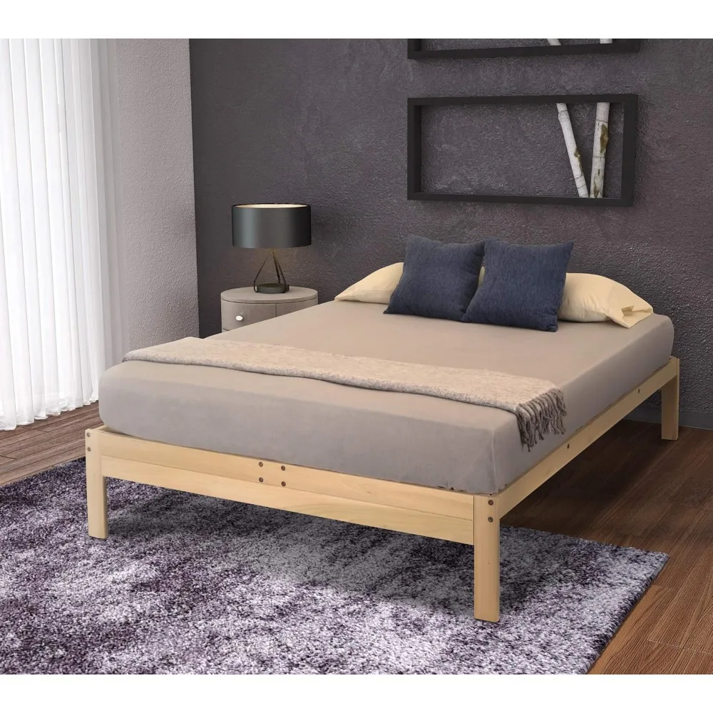 Queen Size KD Frames Nomad Platform Bed - Unfinished Wood - Minimalist Swedish Style - Natural Wood Bed Frame - Easy Assembly