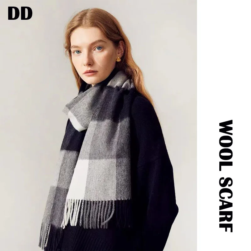 High Quality Autumn Winter 100% Wool Scarf Men Warm Versatile Classic Business Plaid Wool Muffler Women Thermal Gift Male Female