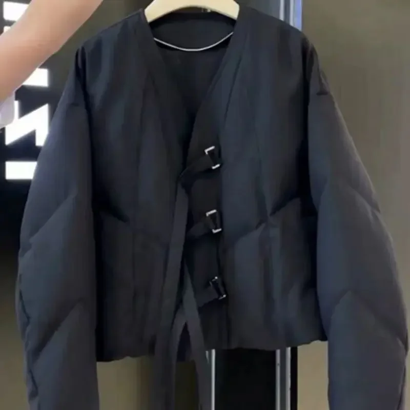 

Корейское модное черное хлопковое короткое пальто с v-образным вырезом, женское осенне-зимнее свободное женское пальто на шнуровке, утепленная льняная теплая одежда в стиле ретро