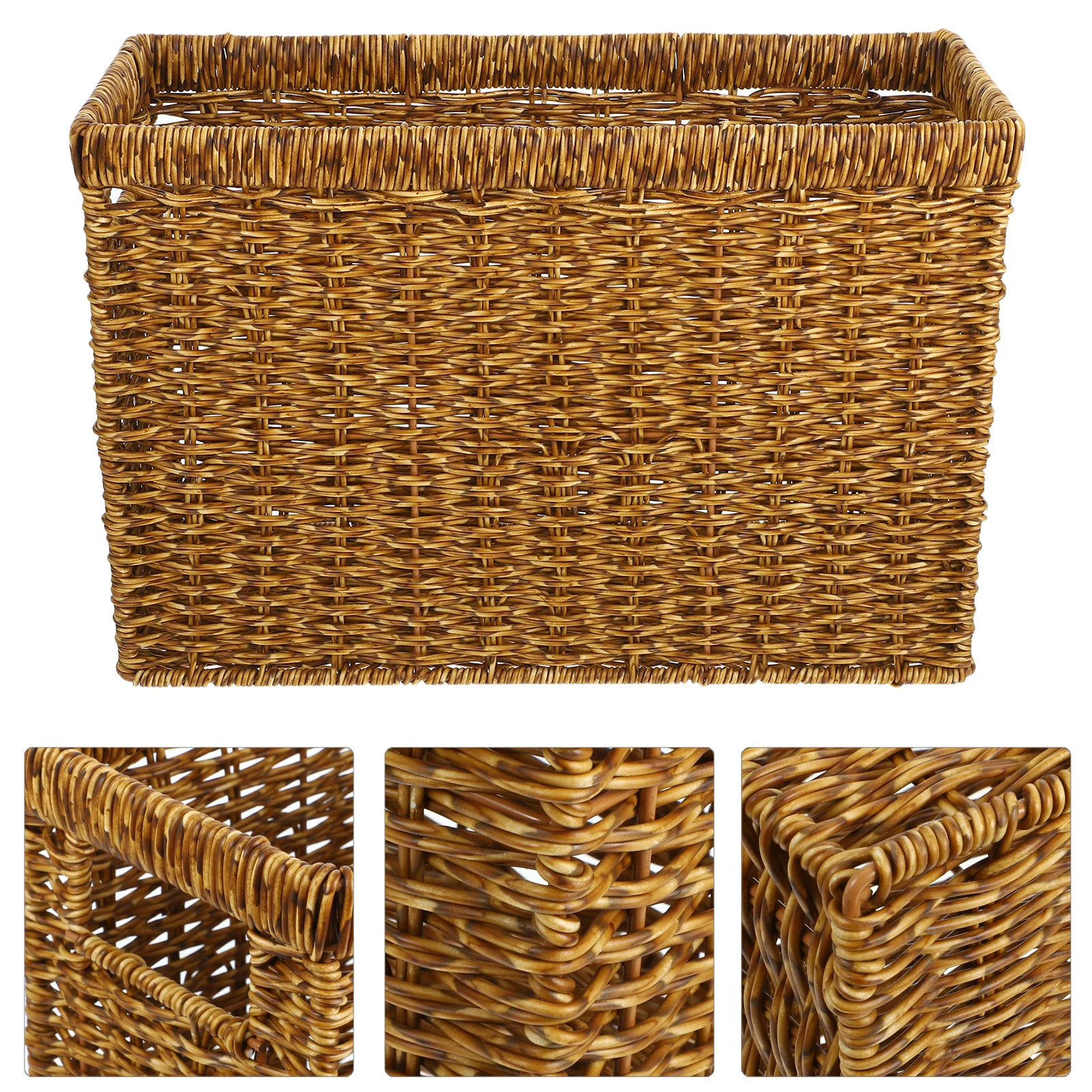 

Plastic Rattan Desk Storage Basket Woven Basket with Handle Home Organizer Sundries Storage Bin Desktop Container,