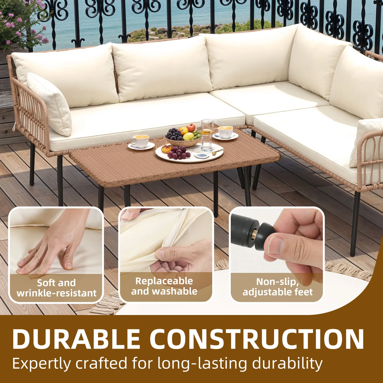 Set Furnitur Sofa Patio Bentuk L 4 Buah, Set Perbualan Patio Anyaman Rotan