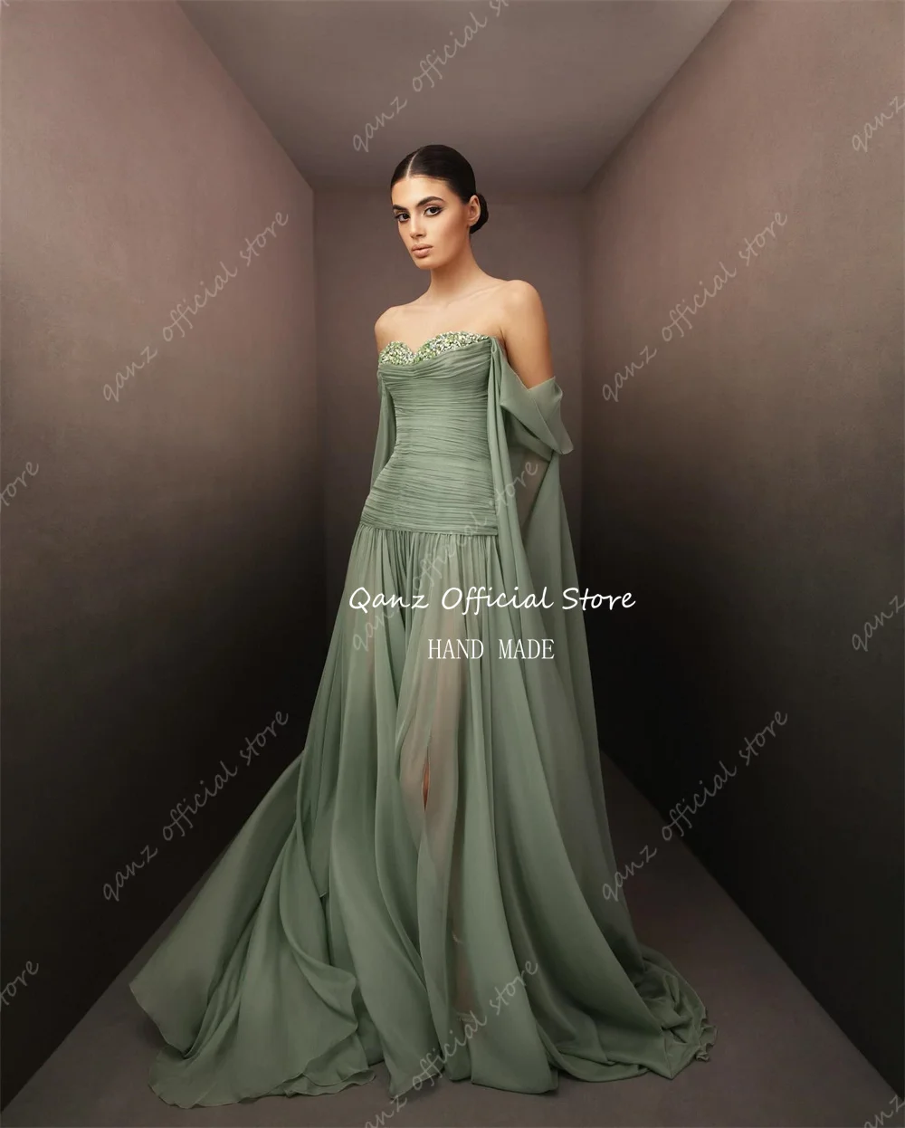 Qanz Green Chiffon Evening Dresses Sweetheart Illusion Pleat Vestido De Gala Noche Mujer Beadings Dresses 2025 Woman Customized
