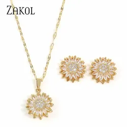 ZAKOL Sunflower Earrings Necklace Charm For Women Girls Rotatable Shiny Zircon Pendant Jewelry Set Birthday Gift Accessories