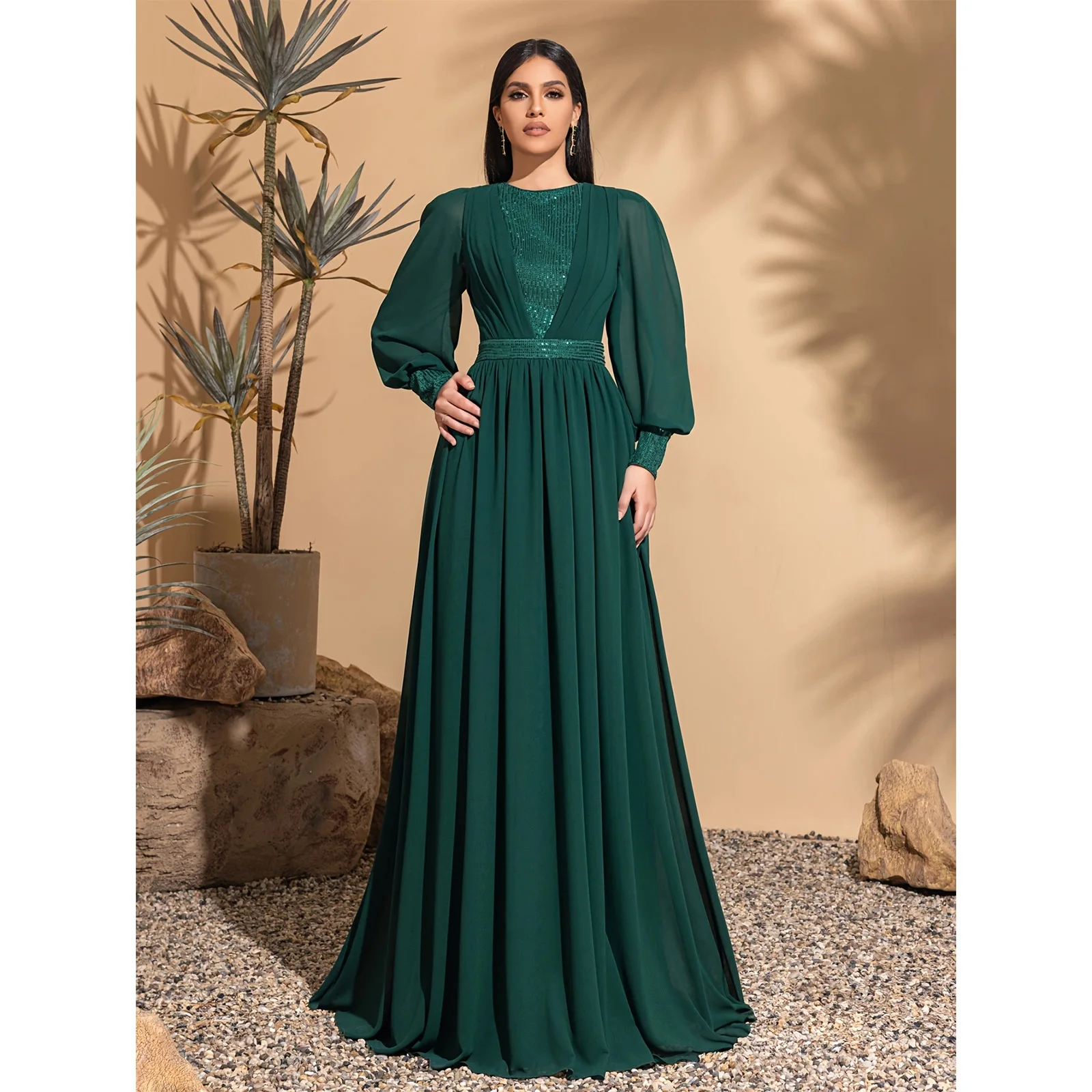 

Long sleeve mesh sequins stitching elegant party dress, ladies maxi dress, party dress