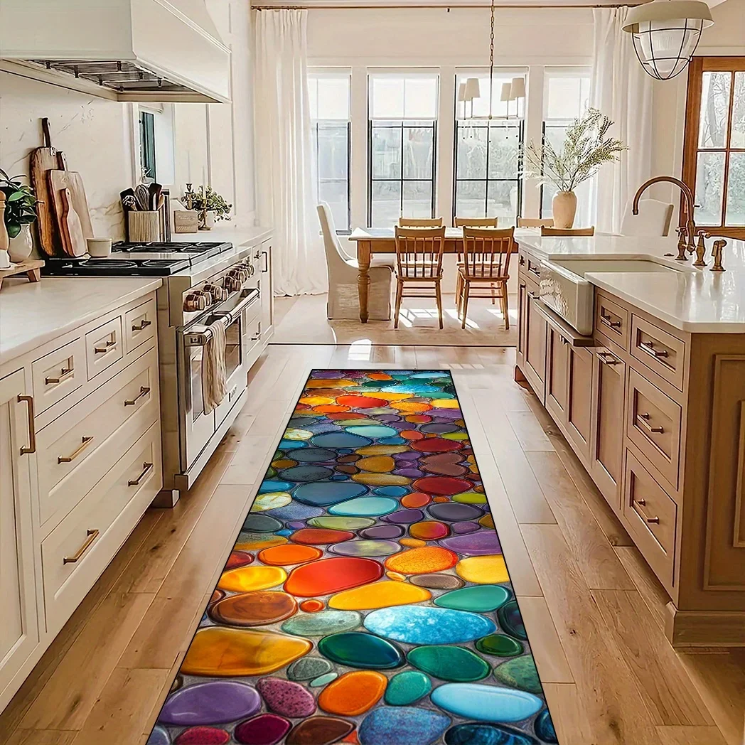 Colorful Pebble Runner Rug Vibrant Stone Mosaic Design Indoor Mat For Hallway Entryway Home Decoration Accent Piece