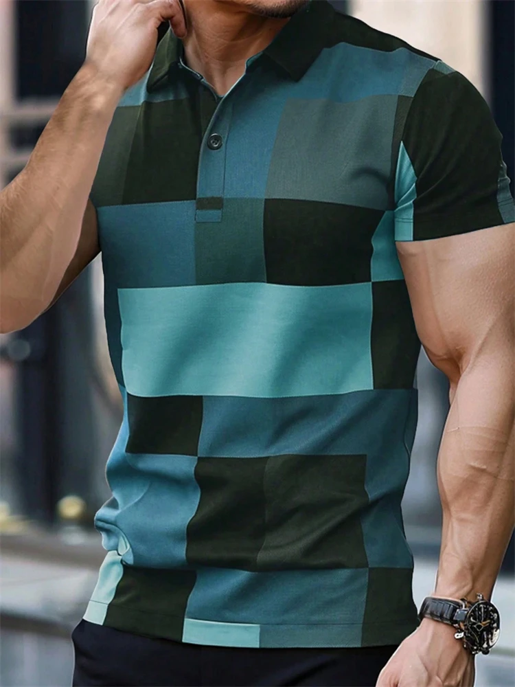 Stylish and Elegant Harajuku-Style Slim-Fit Men's Clothing Relaxed Casual and Versatile Checkered Men's Polo Shirt with Buttons