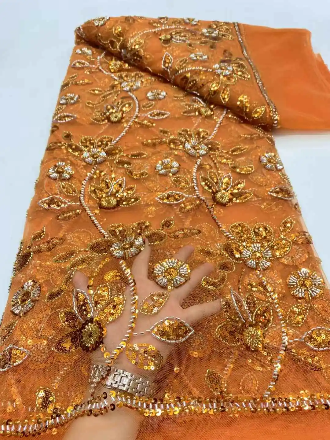

African Sequined Beaded Lace Fabric 2025 High Quality Nigerian Cotton Lace Fabric 5Yards Handmade Fabrics For Woman Party Dress