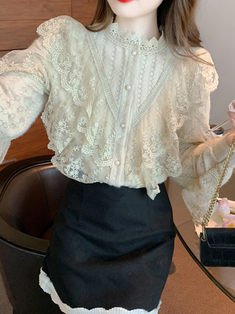 OCEANLOVE Autumn Winter Lace Women Shirts&blouses Ruffles Korean Fashion Solid Elegant Blusas Mujer Vintage Sweet Camisas