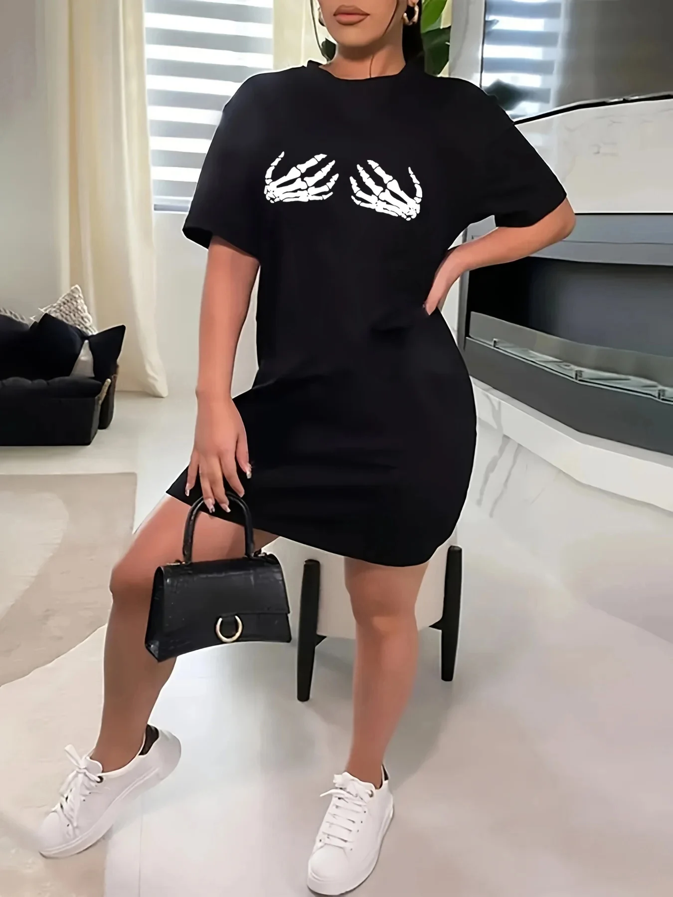 Sommer Damen Skelett Hand druck lässig Slim Fit kurz ärmel ige Rundhals-T-Shirt Mini kleid Kurzarmhemd Mini kleider