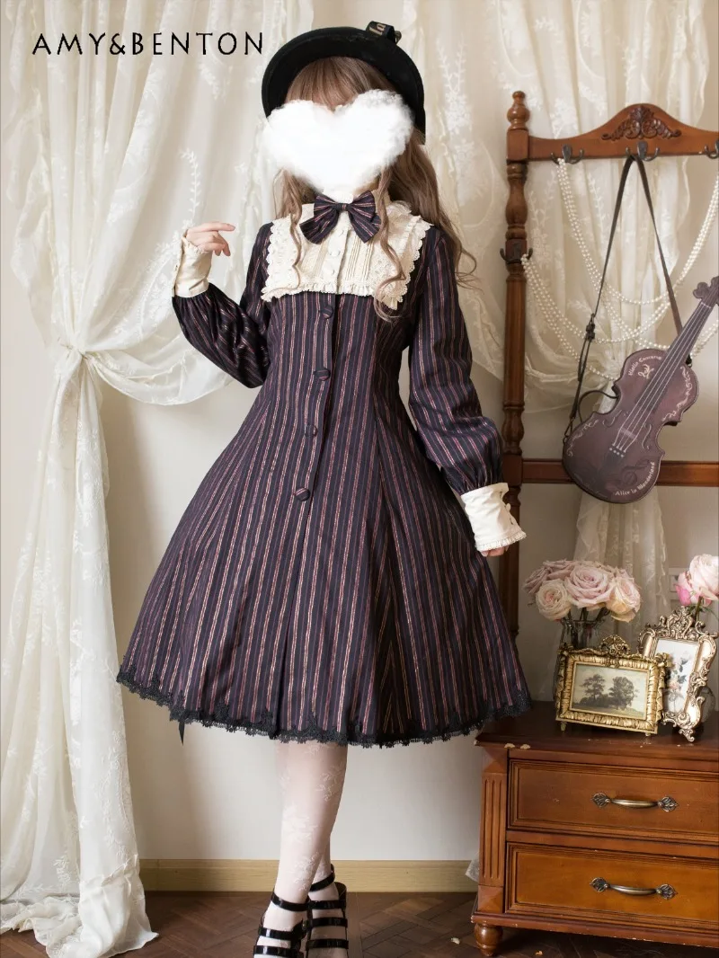 

Spring Autumn New British Retro Daily Lolita Dress Women Elegant Sweet Bow Stand-up Neck Single-breasted Slim Mid-calf Dresses