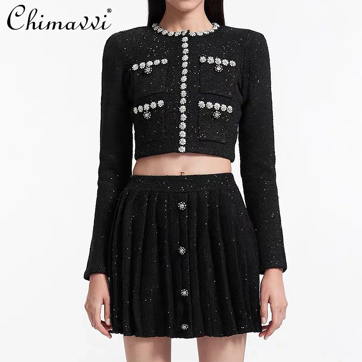 Autumn and Winter New High-end Fashion Heavy Beaded Long-sleeved Knitted Jacket Skirt Set Temperament Party Women Two-piece Set