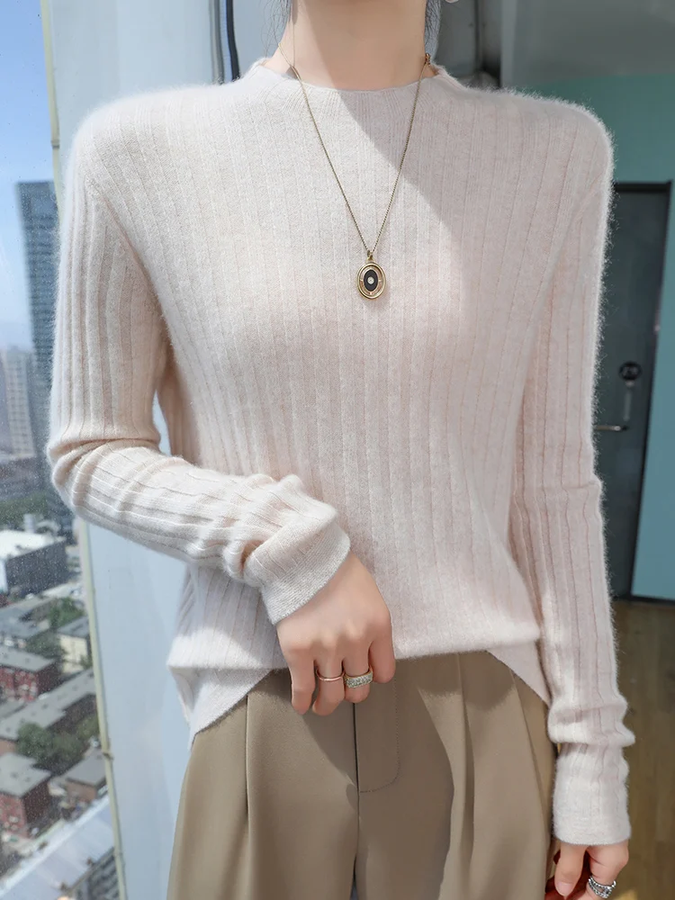 

Classic 100% Merino Wool Sweater Autumn Winter Women Striped Mock Neck Knit Pullover Basics Casual Thick Cashmere Clothing Top