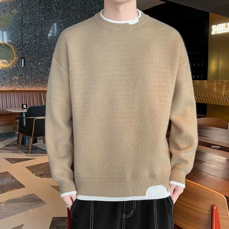 2023 Spring Autumn New Solid Color Fashion Round Neck Long Sleeve Sweater Man Loose High Street Screw Thread All-match Pullovers