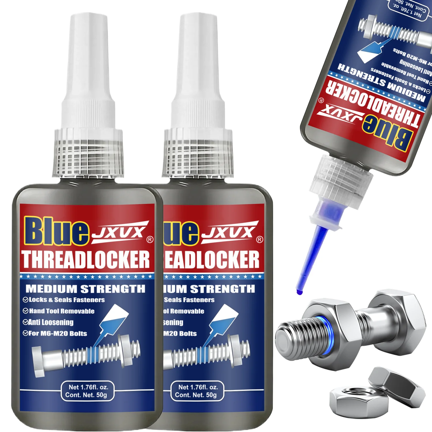 50 ml de adhesivo anaeróbico «Blue Threadlocker» de resistencia media, apto para uso automovilístico, para metales, elementos de fijación, tuercas y pernos, que evita el aflojamiento, asegura un sellado hermético y es