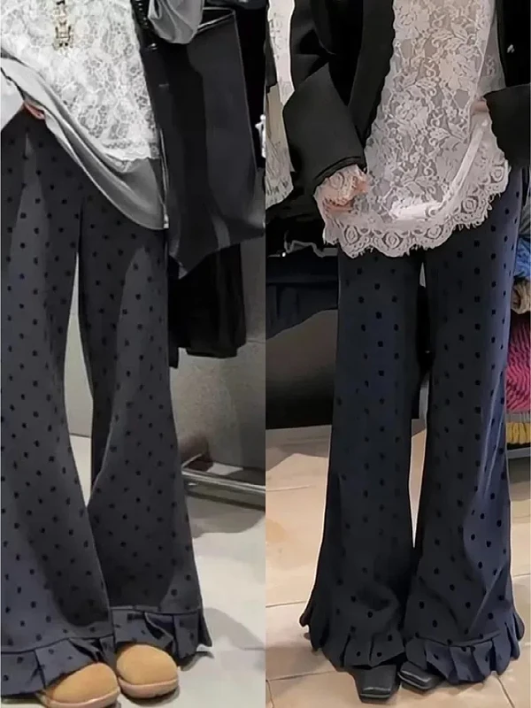 

plus Size Vintage Polka Dot Flared Pants Women's Thiened Fce Casual Trousers High Waist Bell Bot Slimming Effect
