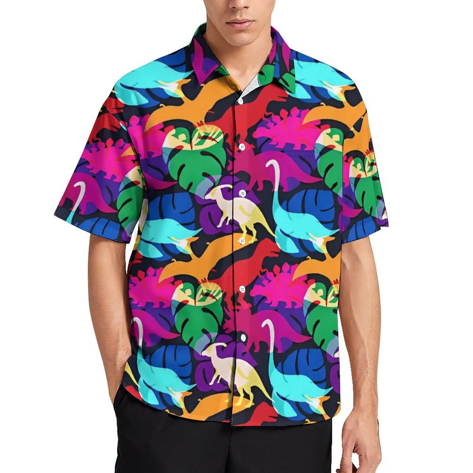 Colorful Dinosaurs Casual Shirt PalmPrint Novelty Hawaiian Shirts Men Short-Sleeved Beach Breathable Design Oversized Blouses