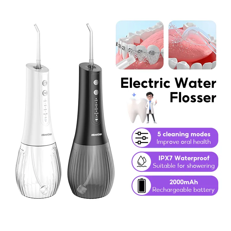 

Portable Electric Water Flosser Irrigator Dental Teeth Whitening strips 230ML Tank 5 Modes 5 Jet Tips For Home Travel MEEGOO NEW