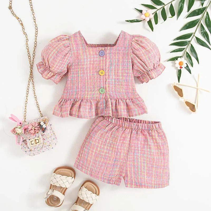 

2pc/Set Summer Solid Color Plaid Bubble Sleeve Square Neck Girls Two Piece Suit Cute Casual Baby Girl Clothes