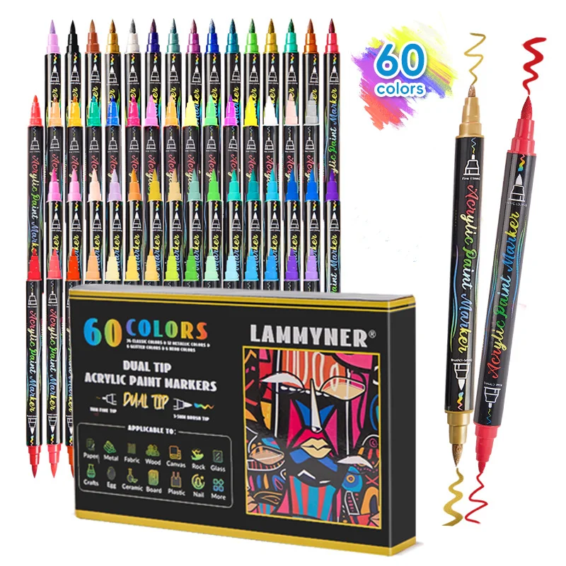 

60 Colors Dual Tip Acrylic Paint Markers,Stone Metal Wood Canvas Glass DIY Graffiti Art Painting Colouring Markers Art Supplies