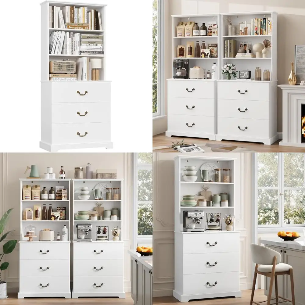 رف كتب واسع باللون الأبيض 31.5 مع 3 أدراج كبيرة و3 أرفف مفتوحة، حل تخزين متعدد الاستخدامات للمكتب المنزلي أو غرفة المعيشة