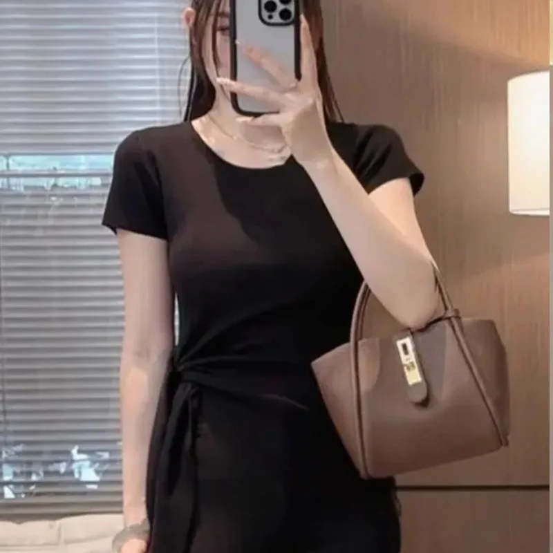 Summer New Comfortable Soft Elastic Slim Temperament Tops Women Vintage Sweet O-neck Side Pleated Knotted Short Sleeve T-shirt