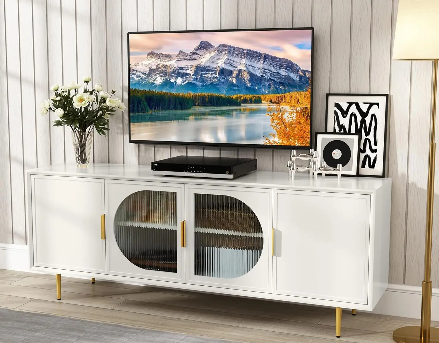 ARTPOWER Modern TV Stand for TVs up to 70+ inch, Glass Door Television Console Table with Gold Leg, Entertainment Center with St