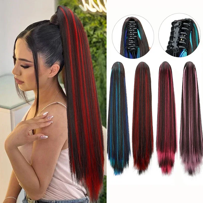 

Colorful Synthetic Long Straight Claw Clip On Ponytail Hair Extensions Heat Resistant Pony Tail Hair Piece for Women Daily Party