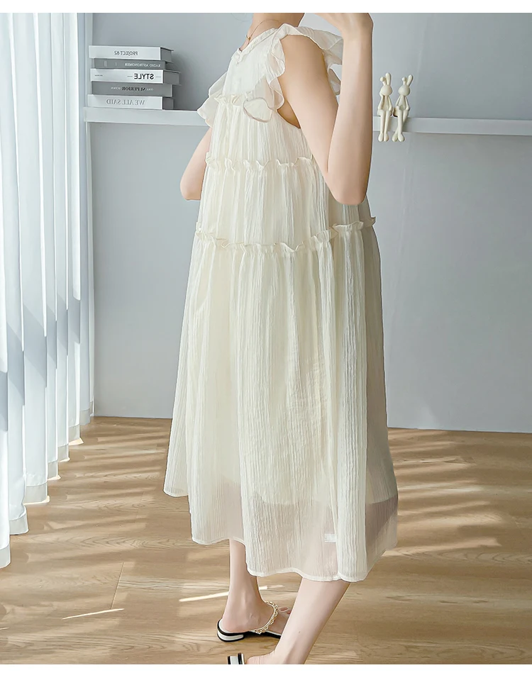 2023 Summer O-Neck Flying Sleeve Ruffles Patchwork Pregnant Woman Chiffon Dress Light weight Maternity Pleated Dress with Lining