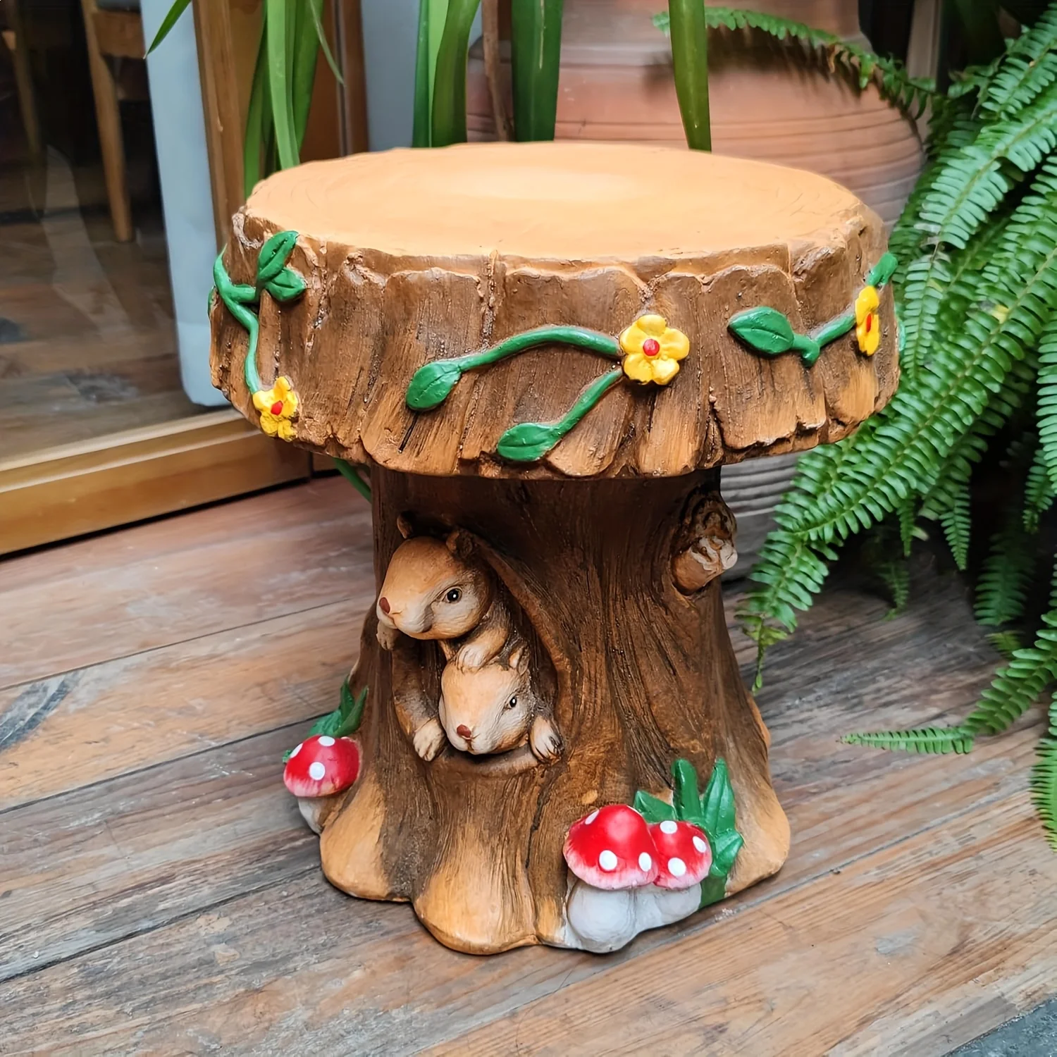 

12.6-Inch Resin Mushroom Stool with Squirrel - Whimsical Fairy Tale Garden, Sturdy Mushroom & Sculpture Suitable for