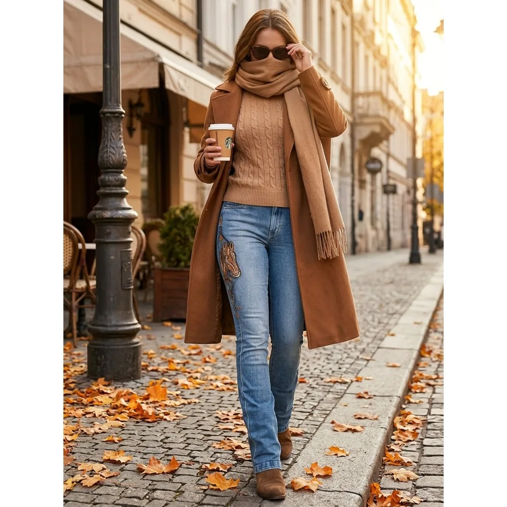 Success at Once - Jeans micro-trompette slim brodés pour femmes, polyvalents et ajustés.