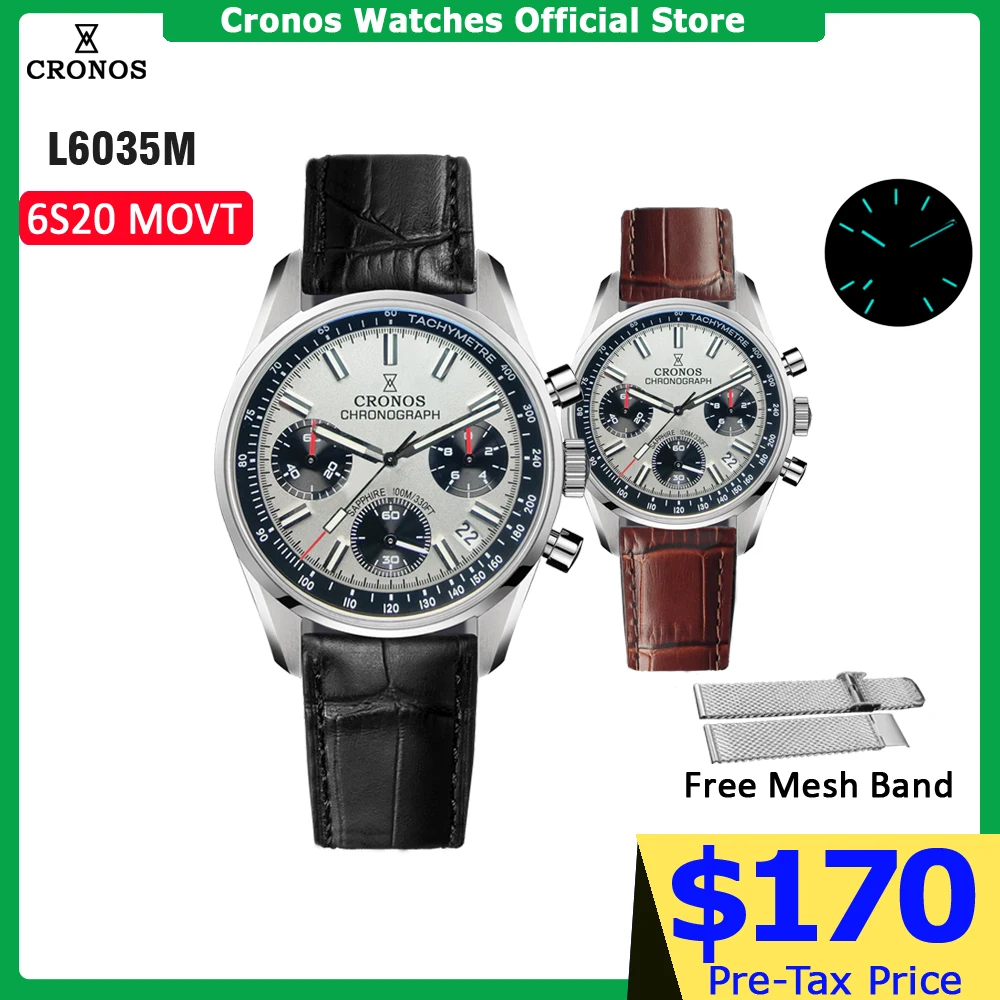 Cronos Chronograph Quartz Men Watch Miyota S620 Black&White Panda Dial Sapphire 10 ATM Tachymetre Leather Strap