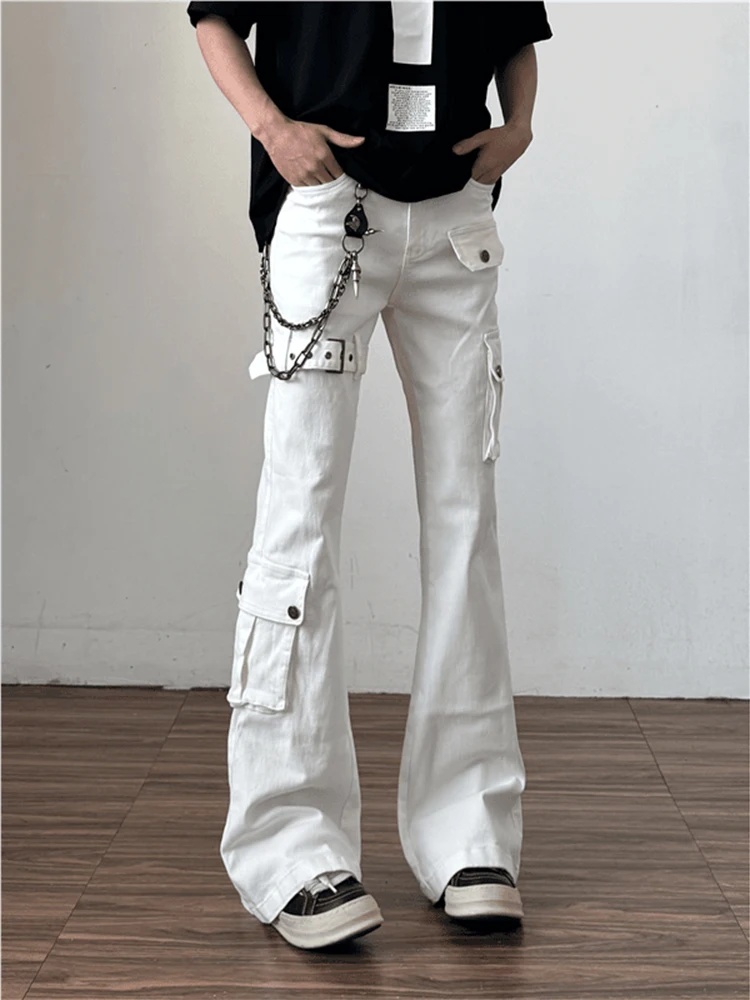 

Белые джинсы White Vibe с поясом, мужские, в американском уличном стиле, с высокой талией, утягивающие, прямые, слегка расклешенные брюки