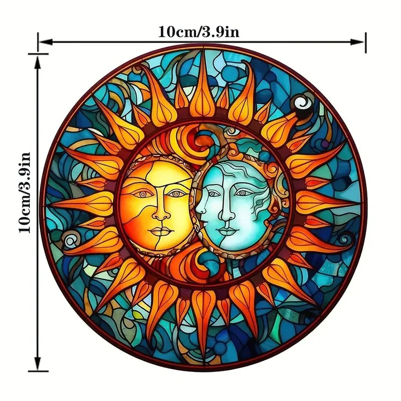 8 Piece Set of Sun and Moon, Car, Inspirational Letter, Butterfly Design Wooden Coaster, Round Drink Mat with Mosaic Stained Gla
