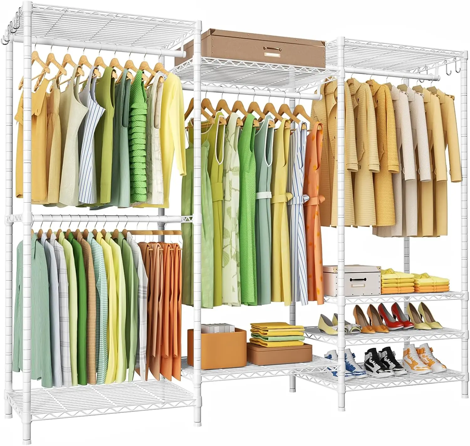 Ulif-E13 Heavy Duty Roupas Rack, 4 Hanger Rods e 8 Prateleiras, Racks de roupas autônomas para pendurar roupas, ajustável