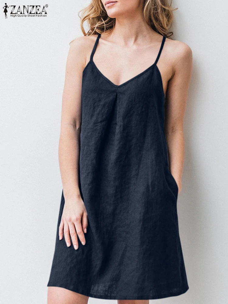 ZANZEA-Robe de plage à bretelles spaghetti pour femmes, décontractée, col en V, été, 2025