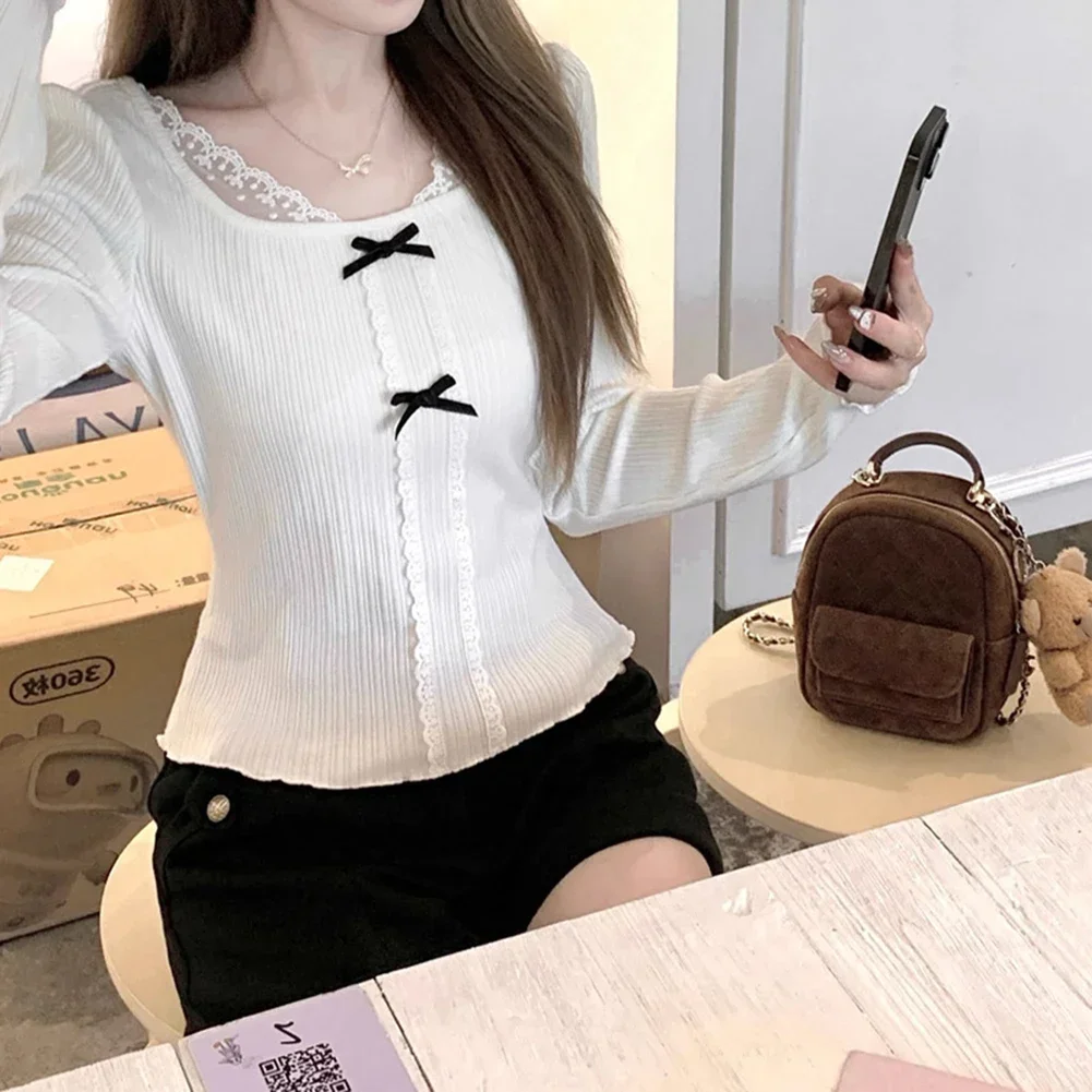 スクエアネック リボン ファッション Tシャツ カジュアル お出かけ 微弾性 レギュラー丈 オールシーズン カジュアルスタイル 日常着