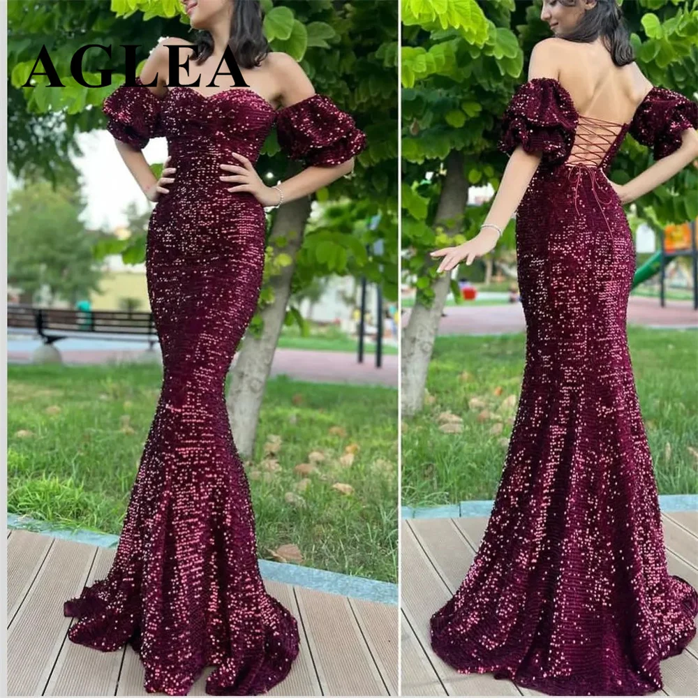 AGLEA-vestido de noche de sirena con lentejuelas, traje negro con volantes y hombros descubiertos, brillante, para fiesta de cumpleaños, ocasión Formal, 2024