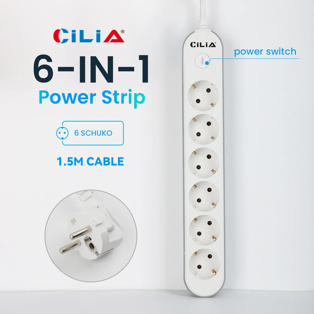 CILIA European plug power board extension cord socket, EU round pin AC power socket 2500W charging adapter