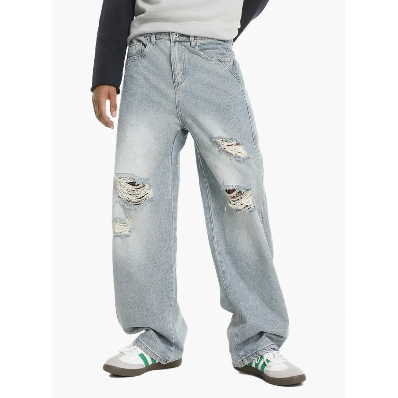 اتجاه الموضة الأمريكية الرجعية للخريف للرجال، القيام القديم، تصميم ثقب، سكين منحني، أرجل واسعة، طحن، جينز فضفاض غير رسمي #5