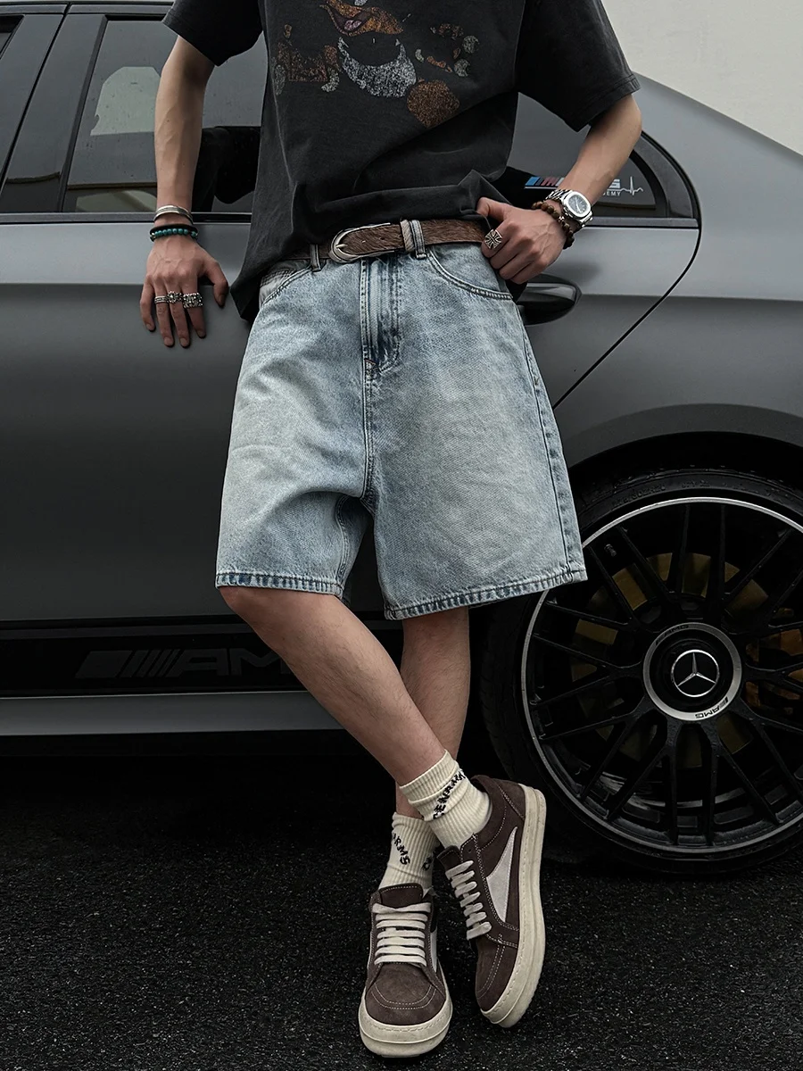 Pantalones de mezclilla finos de verano para hombre, marca de moda American Vibe Retro Waed Vintage, sensación de alta gama, Le recto de cinco cuartos...