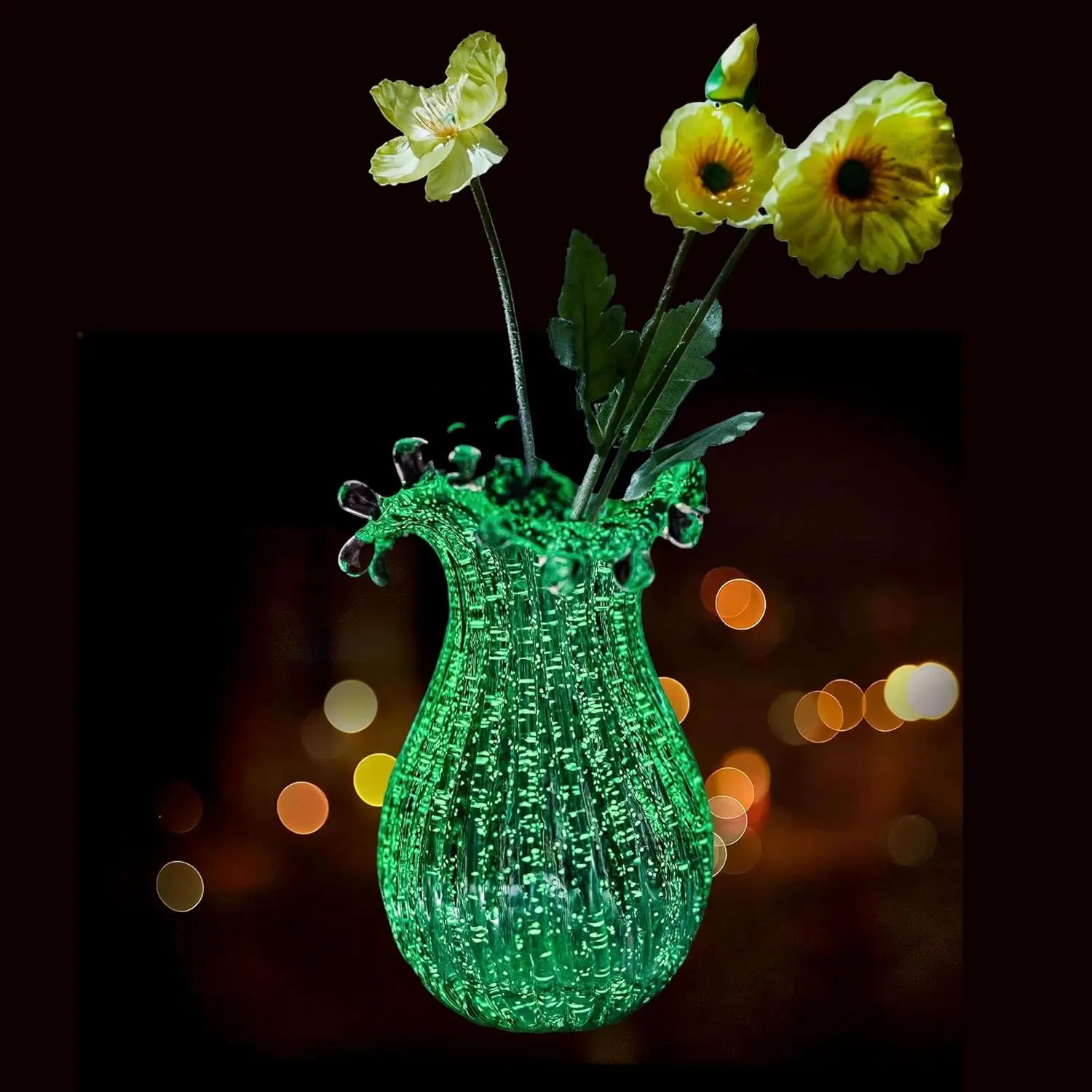

QFkris Hand Blown Glass Luminous Vase for Flowers 8" Teal Crystal Bubble Vases for Bouquet Home Decor Decorative Centerp
