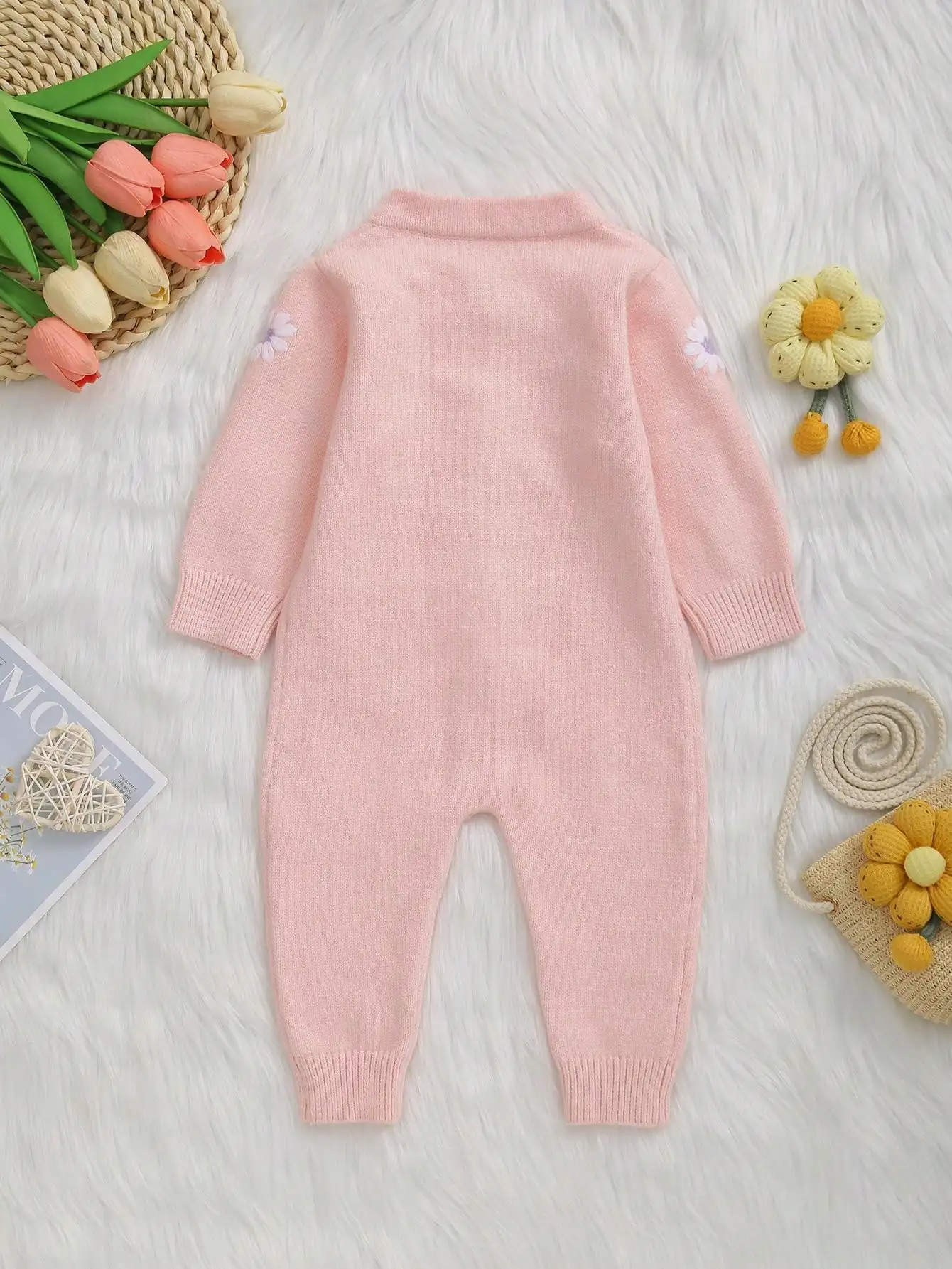 Sweet Floral Embroidery Baby Knit Romper with Long Sleeves, Round Neck, and Full Button Closure for Baby Girls