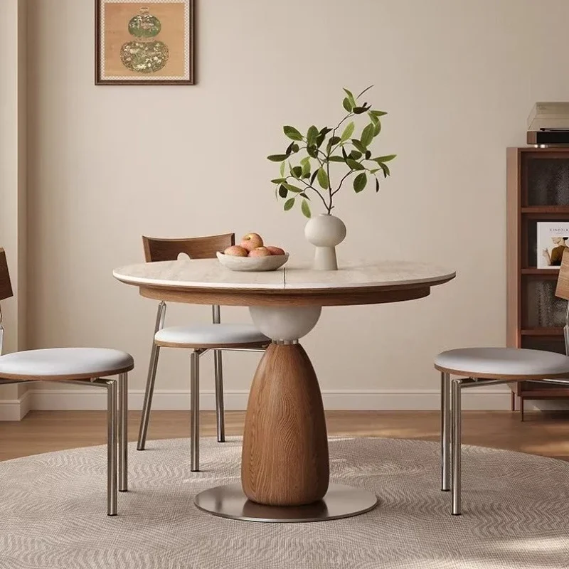 Round Dining Table And Sets 4 Chairs Dining Rooms Pliante Kitchen Furniture 90cm 100cm 110cm Modern Luxury Rock Slab Retractable