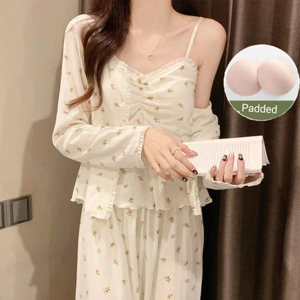 New Three-Piece Pajamas Female Long-Sleeved Sling Ladies Homewear Korean Version Of The Sweet Homewear Spring And Autumn Models