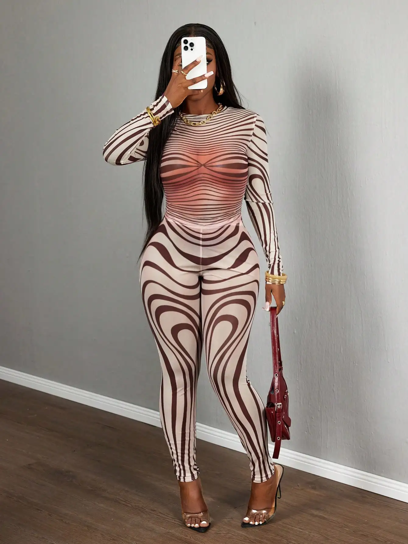 

Sexy Sheer Mesh Zebra Print Bodycon Long Sleeve 2 Piece Set for Street Style Festivals Parties