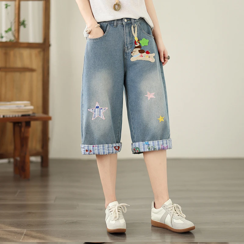 Spring Summer Fashion Cat Embroidery Patchwork Vintage Shorts Jeans for Women Elastic Waist Relax Fit Straight Capri Pants