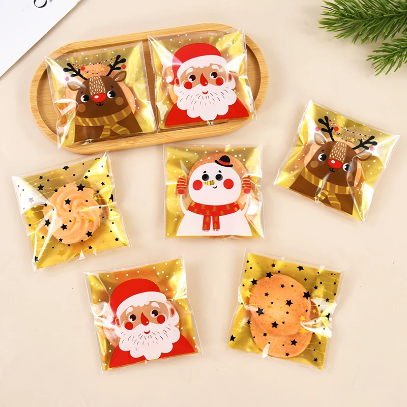 100pcs Christmas Party Plastic Candy Bags Santa/Snowman/Deer Cookie Bag For Neol DIY Biscuits Snack Baking Packaging Supplies