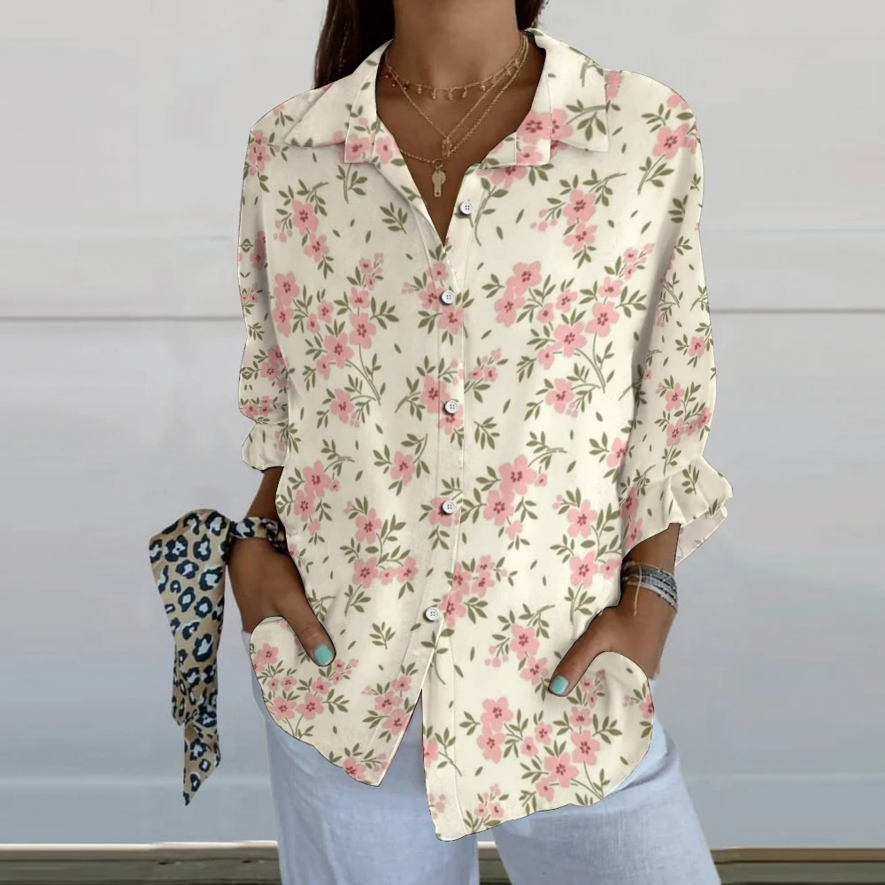 

Single row buttons V-neck Shirt Women's Flower Print Casual Tops Bohemia vacation outfits woman 2024 Long sleeve Comfort Tees