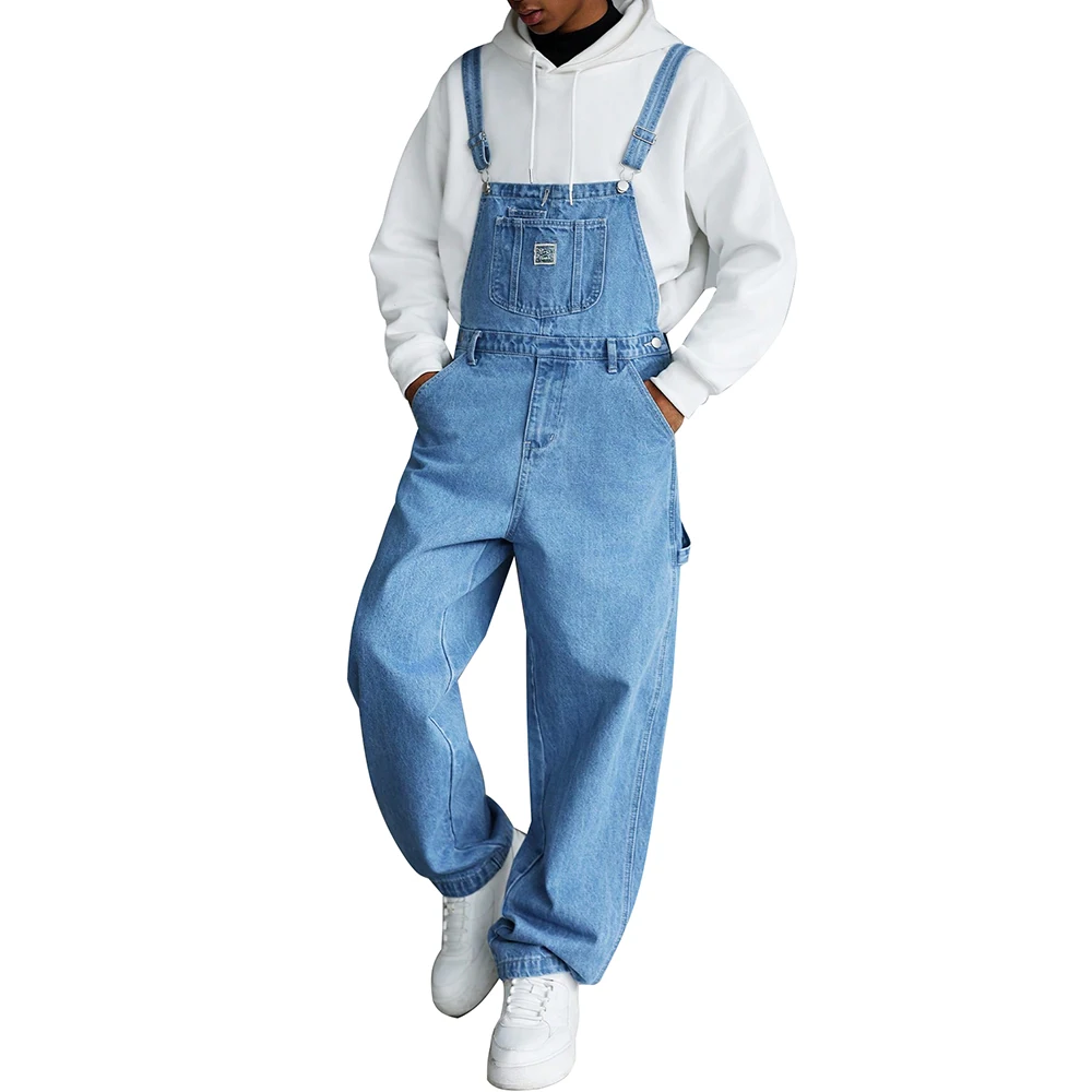 Men's Blue Denim Bib Overalls Loose Fit Baggy Coveralls Suspenders Jeans Heavyweight Cargo Dungarees Hip Hop Streetwear